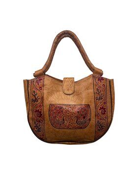 Handcrafted Women’s Brown Leather With Red Floral Details Peacock-Print Tote Bag